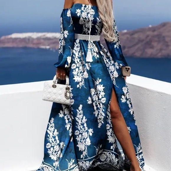 Chicme tribal Print Off Shoulder Contrast Lace Slit Maxi Dress - Picture 3 of 3